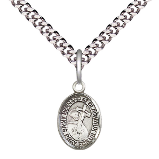 Small Sized Men's Pewter Saint St. Bernard of Clairvaux Medal Pendant on 24 Inch Endless Rhodium Plated Heavy Curb Brass Chain, Catholic Religious Necklace - Made in USA- Deluxe Velvet Gift Box
