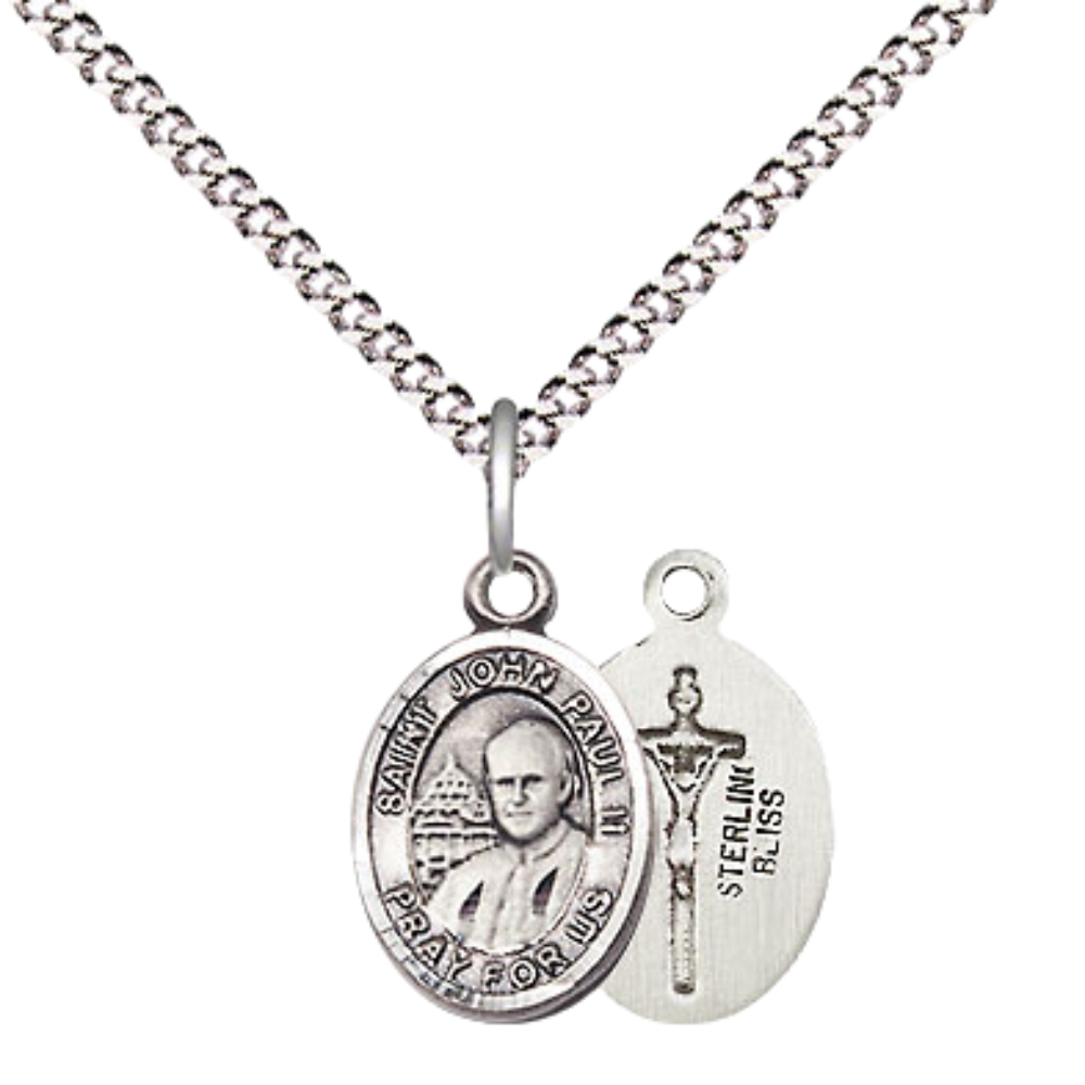 Small Sized Women's .925 Sterling Silver Saint St. John Paul II Medal Pendant on 18 Inch Rhodium Plated Lite Curb Brass Chain with Lobster Claw Clasp, Catholic Religious Necklace - Made in USA- Velvet Gift Box