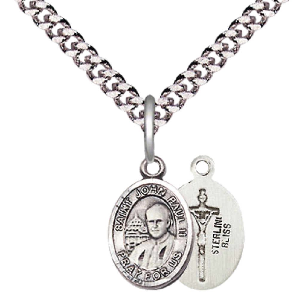 Small Sized Men's .925 Sterling Silver Saint St. John Paul II Medal Pendant on 24 Inch Endless Rhodium Plated Heavy Curb Brass Chain, Catholic Religious Necklace - Made in USA- Deluxe Velvet Gift Box