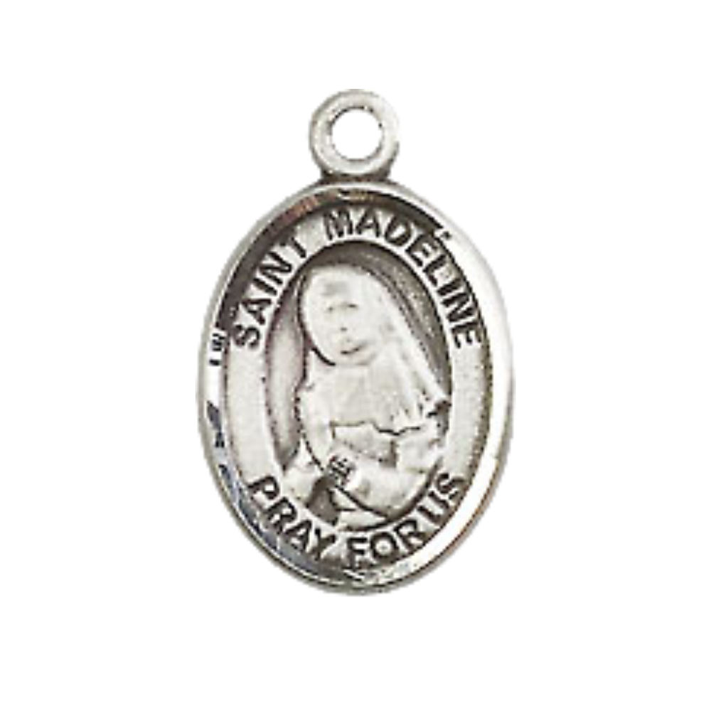 Small Sized Women's Pewter Saint Madeline Sophie Barat Medal Pendant on 18 Inch Rhodium Plated Lite Curb Brass Chain with Lobster Claw Clasp, Catholic Religious Necklace - Made in USA- Velvet Gift Box