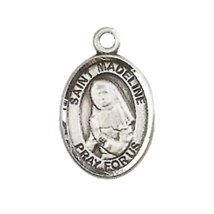 Small Sized Men's Pewter Saint St. Madeline Sophie Barat Medal Pendant on 24 Inch Endless Rhodium Plated Heavy Curb Brass Chain, Catholic Religious Necklace - Made in USA- Deluxe Velvet Gift Box