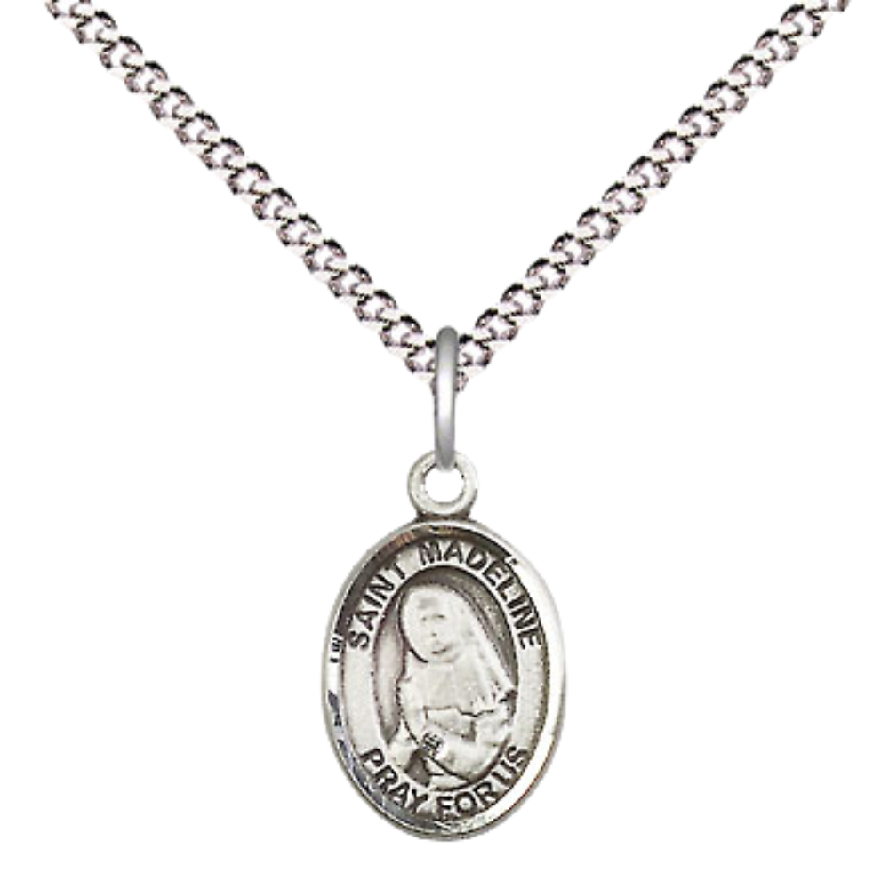 Small Sized Women's Pewter Saint Madeline Sophie Barat Medal Pendant on 18 Inch Rhodium Plated Lite Curb Brass Chain with Lobster Claw Clasp, Catholic Religious Necklace - Made in USA- Velvet Gift Box