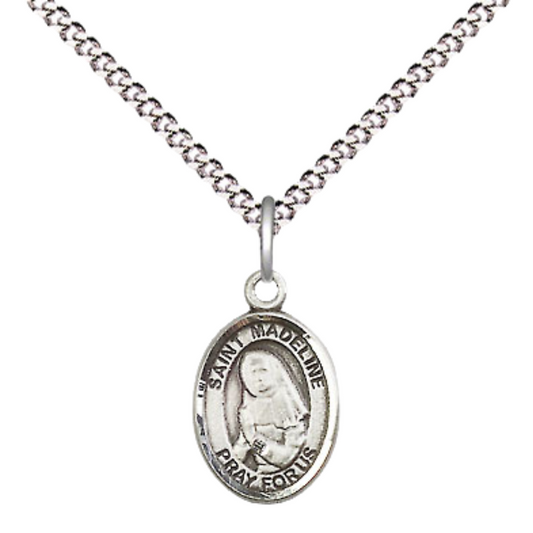 Small Sized Women's Pewter Saint Madeline Sophie Barat Medal Pendant on 18 Inch Rhodium Plated Lite Curb Brass Chain with Lobster Claw Clasp, Catholic Religious Necklace - Made in USA- Velvet Gift Box
