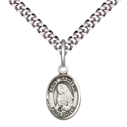 Small Sized Men's Pewter Saint St. Madeline Sophie Barat Medal Pendant on 24 Inch Endless Rhodium Plated Heavy Curb Brass Chain, Catholic Religious Necklace - Made in USA- Deluxe Velvet Gift Box