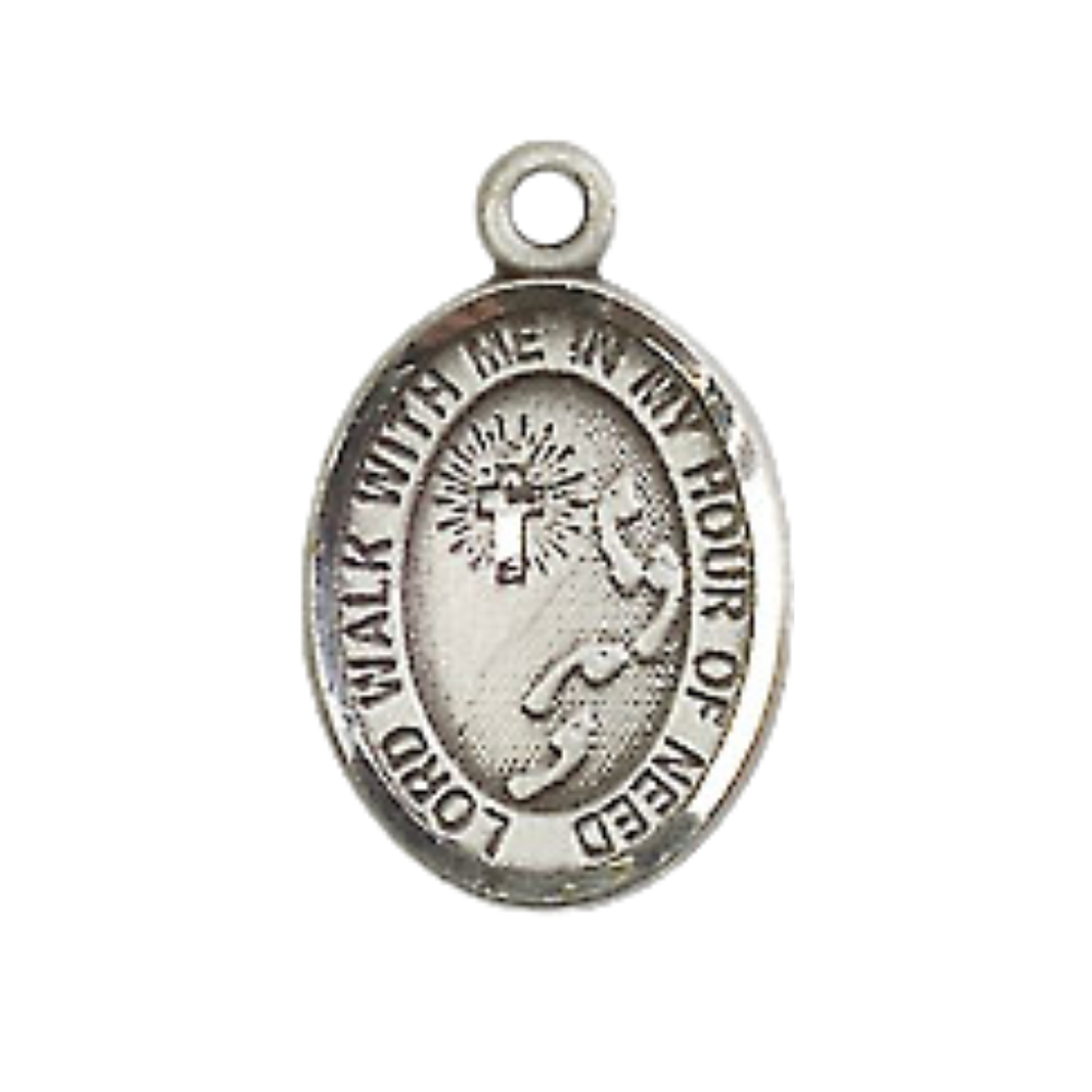 Small Sized Women's Pewter Footprints Cross Medal Pendant on 18 Inch Rhodium Plated Lite Curb Brass Chain with Lobster Claw Clasp, Catholic Religious Necklace - Made in USA- Velvet Gift Box