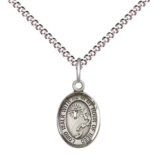 Small Sized Women's Pewter Footprints Cross Medal Pendant on 18 Inch Rhodium Plated Lite Curb Brass Chain with Lobster Claw Clasp, Catholic Religious Necklace - Made in USA- Velvet Gift Box