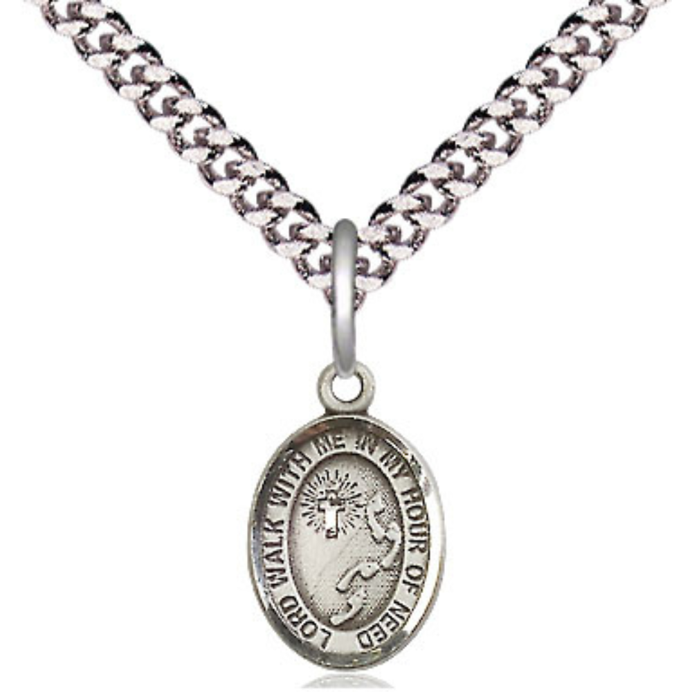 Small Sized Men's Pewter Footprints Cross Medal Pendant on 24 Inch Endless Rhodium Plated Heavy Curb Brass Chain, Catholic Religious Necklace - Made in USA- Deluxe Velvet Gift Box