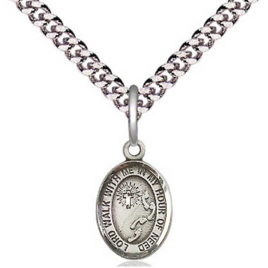 Small Sized Men's Pewter Footprints Cross Medal Pendant on 24 Inch Endless Rhodium Plated Heavy Curb Brass Chain, Catholic Religious Necklace - Made in USA- Deluxe Velvet Gift Box