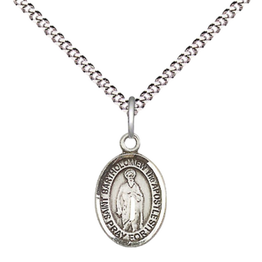 Small Sized Women's Pewter Saint St. Bartholomew the Apostle Medal Pendant on 18 Inch Rhodium Plated Lite Curb Brass Chain with Lobster Claw Clasp, Catholic Religious Necklace - Made in USA- Velvet Gift Box