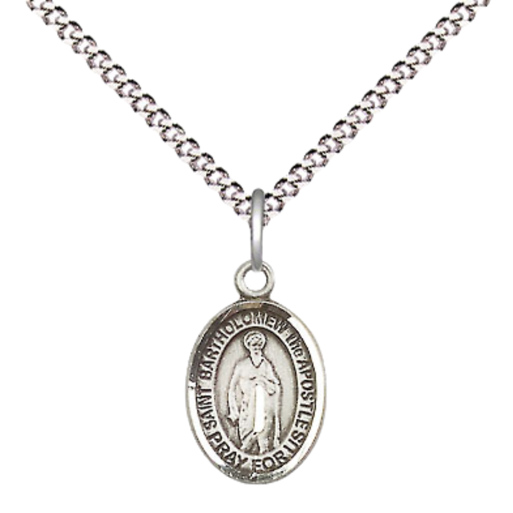 Small Sized Women's .925 Sterling Silver Saint St. Bartholomew the Apostle Medal Pendant on 18 Inch Rhodium Plated Lite Curb Brass Chain w/ Lobster Claw Clasp, Catholic Religious Necklace - Made in USA- Velvet Gift Box