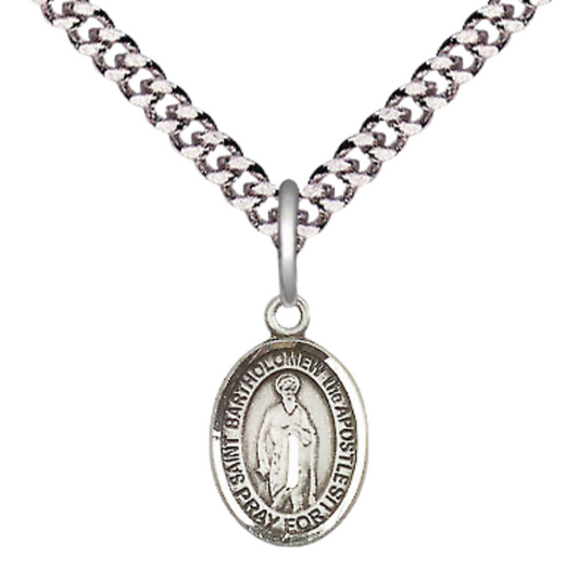 Small Sized Men's Pewter Saint St. Bartholomew the Apostle Medal Pendant on 24 Inch Endless Rhodium Plated Heavy Curb Brass Chain, Catholic Religious Necklace - Made in USA- Deluxe Velvet Gift Box
