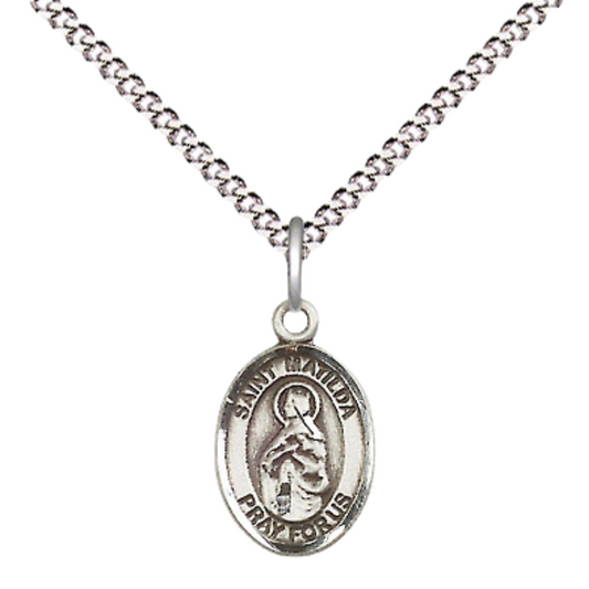Small Sized Women's .925 Sterling Silver Saint St. Matilda Medal Pendant on 18 Inch Rhodium Plated Lite Curb Brass Chain with Lobster Claw Clasp, Catholic Religious Necklace - Made in USA- Velvet Gift Box
