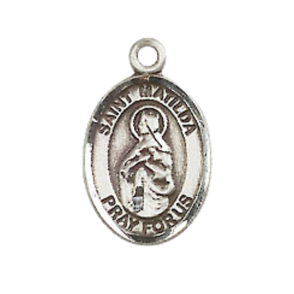 Small Sized Women's Pewter Saint St. Matilda Medal Pendant on 18 Inch Rhodium Plated Lite Curb Brass Chain with Lobster Claw Clasp, Catholic Religious Necklace - Made in USA- Velvet Gift Box