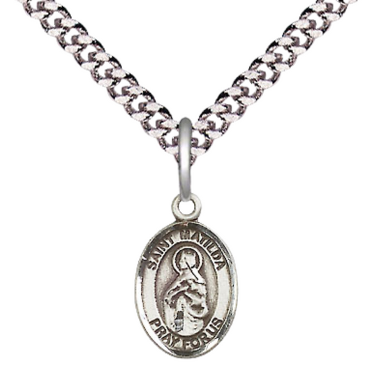 Small Sized Men's .925 Sterling Silver Saint St. Matilda Medal Pendant on 24 Inch Endless Rhodium Plated Heavy Curb Brass Chain, Catholic Religious Necklace - Made in USA- Deluxe Velvet Gift Box