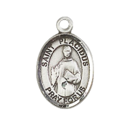 Small Sized Women's .925 Sterling Silver Saint St. Placidus Medal Pendant on 18 Inch Rhodium Plated Lite Curb Brass Chain with Lobster Claw Clasp, Catholic Religious Necklace - Made in USA- Velvet Gift Box