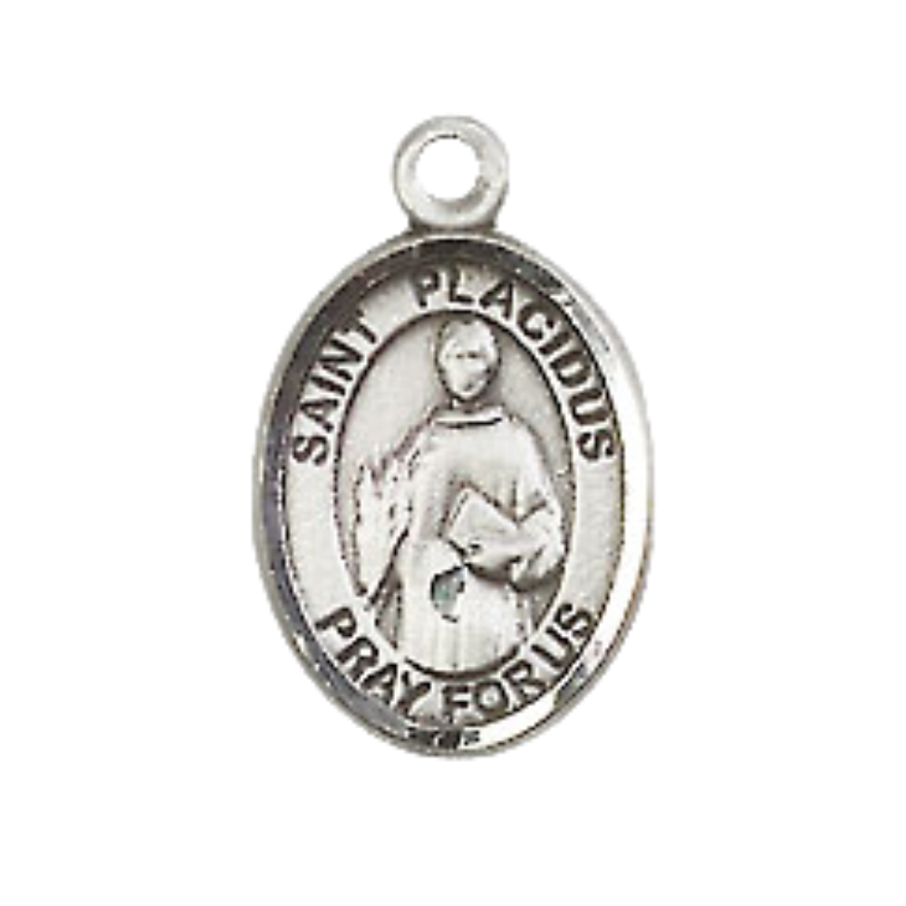 Small Sized Women's Pewter Saint St. Placidus Medal Pendant on 18 Inch Rhodium Plated Lite Curb Brass Chain with Lobster Claw Clasp, Catholic Religious Necklace - Made in USA- Velvet Gift Box