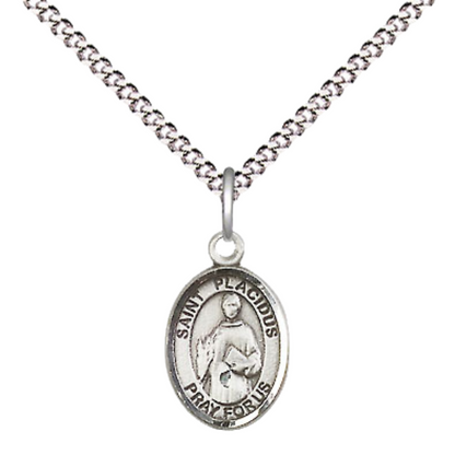 Small Sized Women's .925 Sterling Silver Saint St. Placidus Medal Pendant on 18 Inch Rhodium Plated Lite Curb Brass Chain with Lobster Claw Clasp, Catholic Religious Necklace - Made in USA- Velvet Gift Box