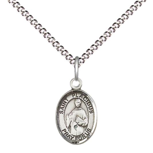 Small Sized Women's .925 Sterling Silver Saint St. Placidus Medal Pendant on 18 Inch Rhodium Plated Lite Curb Brass Chain with Lobster Claw Clasp, Catholic Religious Necklace - Made in USA- Velvet Gift Box
