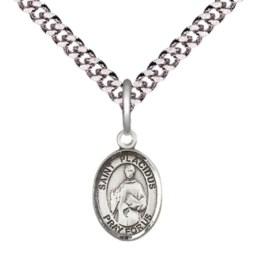 Small Sized Men's Pewter Saint St. Placidus Medal Pendant on 24 Inch Endless Rhodium Plated Heavy Curb Brass Chain, Catholic Religious Necklace - Made in USA- Deluxe Velvet Gift Box