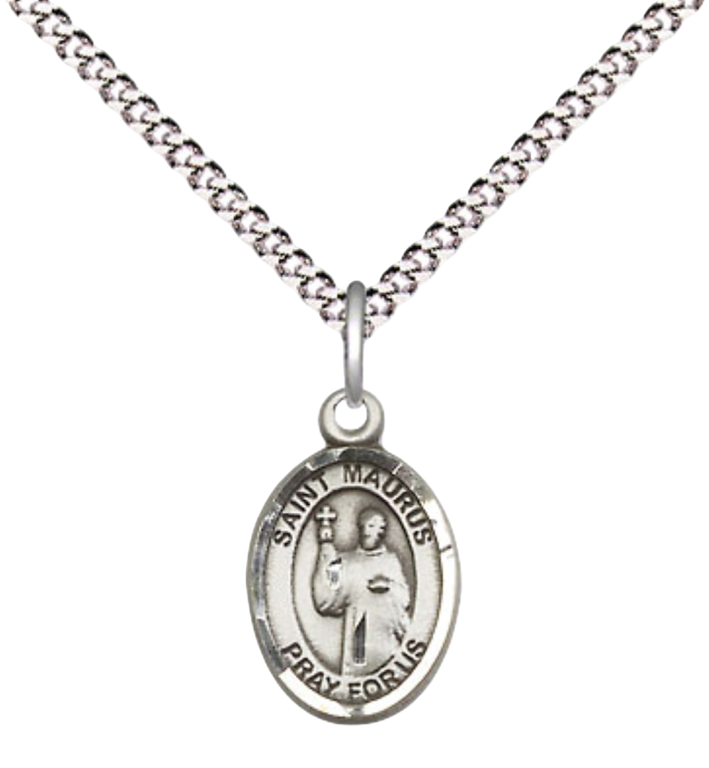 Small Sized Women's .925 Sterling Silver Saint St. Maurus Medal Pendant on 18 Inch Rhodium Plated Lite Curb Brass Chain with Lobster Claw Clasp, Catholic Religious Necklace - Made in USA- Velvet Gift Box