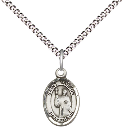 Small Sized Women's .925 Sterling Silver Saint St. Maurus Medal Pendant on 18 Inch Rhodium Plated Lite Curb Brass Chain with Lobster Claw Clasp, Catholic Religious Necklace - Made in USA- Velvet Gift Box