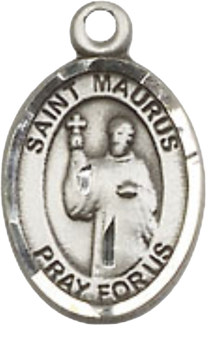 Small Sized Women's Pewter Saint Maurus Medal Pendant on 18 Inch Rhodium Plated Lite Curb Brass Chain with Lobster Claw Clasp, Catholic Religious Necklace - Made in USA- Velvet Gift Box