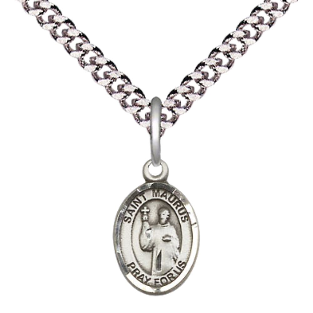 Small Sized Men's Pewter Saint St. Maurus Medal Pendant on 24 Inch Endless Rhodium Plated Heavy Curb Brass Chain, Catholic Religious Necklace - Made in USA- Deluxe Velvet Gift Box