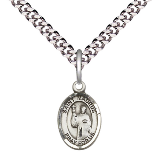 Small Sized Men's Pewter Saint St. Maurus Medal Pendant on 24 Inch Endless Rhodium Plated Heavy Curb Brass Chain, Catholic Religious Necklace - Made in USA- Deluxe Velvet Gift Box