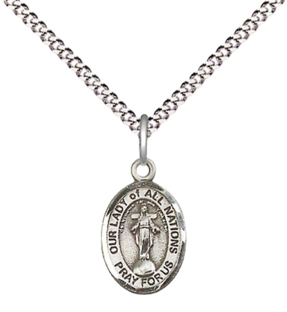 Small Sized Women's Pewter Our Lady of All Nations Medal Pendant on 18 Inch Rhodium Plated Lite Curb Brass Chain with Lobster Claw Clasp, Catholic Religious Necklace - Made in USA- Velvet Gift Box