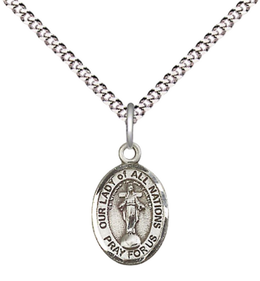 Small Sized Women's Pewter Our Lady of All Nations Medal Pendant on 18 Inch Rhodium Plated Lite Curb Brass Chain with Lobster Claw Clasp, Catholic Religious Necklace - Made in USA- Velvet Gift Box
