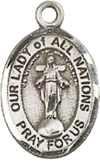Small Sized Women's .925 Sterling Silver Our Lady of All Nations Medal Pendant on 18 Inch Rhodium Plated Lite Curb Brass Chain with Lobster Claw Clasp, Catholic Religious Necklace - Made in USA- Velvet Gift Box