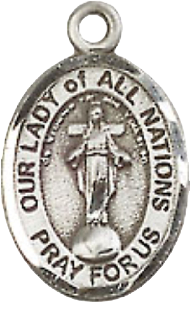 Small Sized Women's Pewter Our Lady of All Nations Medal Pendant on 18 Inch Rhodium Plated Lite Curb Brass Chain with Lobster Claw Clasp, Catholic Religious Necklace - Made in USA- Velvet Gift Box