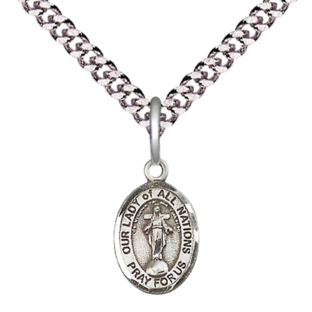 Small Sized Men's .925 Sterling Silver Our Lady of All Nations Medal Pendant on 24 Inch Endless Rhodium Plated Heavy Curb Brass Chain, Catholic Religious Necklace - Made in USA- Deluxe Velvet Gift Box