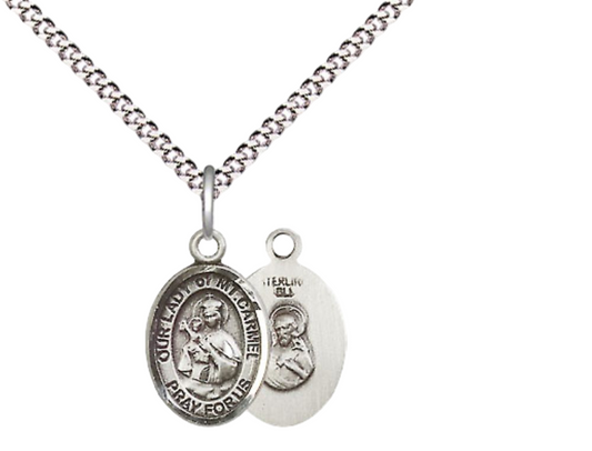 Small Sized Women's .925 Sterling Silver Our Lady of Mount Carmel Medal Pendant on 18 Inch Rhodium Plated Lite Curb Brass Chain w/ Lobster Claw Clasp, Catholic Religious Necklace - Made in USA- Velvet Gift Box