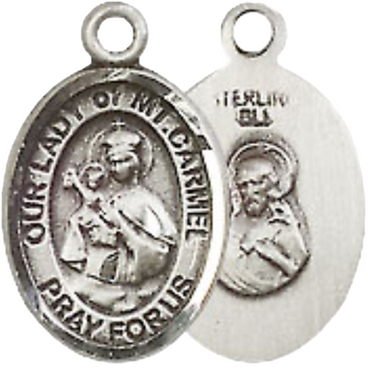Small Sized Women's .925 Sterling Silver Our Lady of Mount Carmel Medal Pendant on 18 Inch Rhodium Plated Lite Curb Brass Chain w/ Lobster Claw Clasp, Catholic Religious Necklace - Made in USA- Velvet Gift Box
