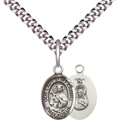 Small Sized Men's .925 Sterling Silver Our Lady of Mount Carmel Medal Pendant on 24 Inch Endless Rhodium Plated Heavy Curb Brass Chain, Catholic Religious Necklace - Made in USA- Deluxe Velvet Gift Box