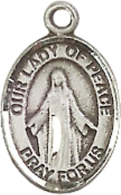Small Sized Women's Pewter Our Lady of Peace Medal Pendant on 18 Inch Rhodium Plated Lite Curb Brass Chain with Lobster Claw Clasp, Catholic Religious Necklace - Made in USA- Velvet Gift Box