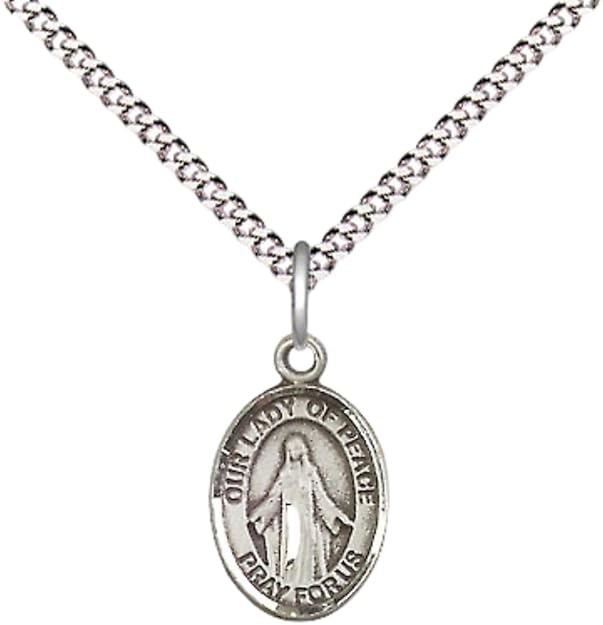 Small Sized Women's Pewter Our Lady of Peace Medal Pendant on 18 Inch Rhodium Plated Lite Curb Brass Chain with Lobster Claw Clasp, Catholic Religious Necklace - Made in USA- Velvet Gift Box