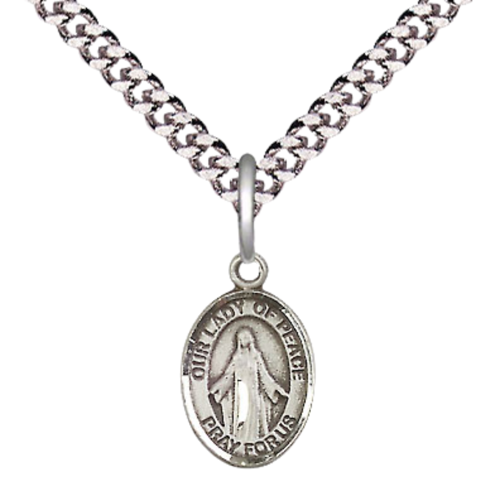 Small Sized Men's Pewter Our Lady of Peace Medal Pendant on 24 Inch Endless Rhodium Plated Heavy Curb Brass Chain, Catholic Religious Necklace - Made in USA- Deluxe Velvet Gift Box