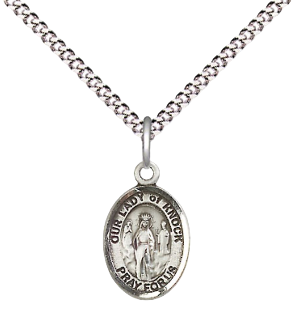 Small Sized Women's Pewter Our Lady of Knock Medal Pendant on 18 Inch Rhodium Plated Lite Curb Brass Chain with Lobster Claw Clasp, Catholic Religious Necklace - Made in USA- Velvet Gift Box