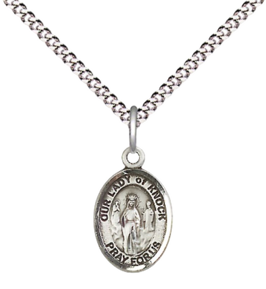 Small Sized Women's Pewter Our Lady of Knock Medal Pendant on 18 Inch Rhodium Plated Lite Curb Brass Chain with Lobster Claw Clasp, Catholic Religious Necklace - Made in USA- Velvet Gift Box