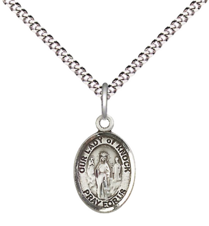 Small Sized Women's Pewter Our Lady of Knock Medal Pendant on 18 Inch Rhodium Plated Lite Curb Brass Chain with Lobster Claw Clasp, Catholic Religious Necklace - Made in USA- Velvet Gift Box