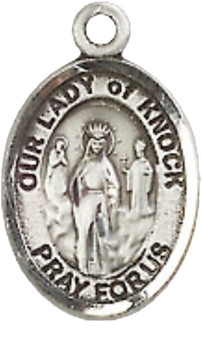 Small Sized Women's .925 Sterling Silver Our Lady of Knock Medal Pendant on 18 Inch Rhodium Plated Lite Curb Brass Chain with Lobster Claw Clasp, Catholic Religious Necklace - Made in USA- Velvet Gift Box