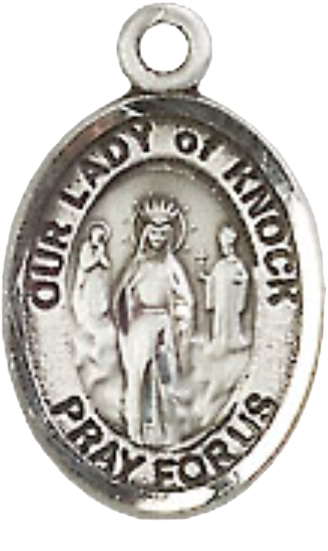 Small Sized Women's .925 Sterling Silver Our Lady of Knock Medal Pendant on 18 Inch Rhodium Plated Lite Curb Brass Chain with Lobster Claw Clasp, Catholic Religious Necklace - Made in USA- Velvet Gift Box