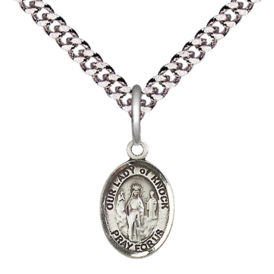 Small Sized Men's Pewter Our Lady of Knock Medal Pendant on 24 Inch Endless Rhodium Plated Heavy Curb Brass Chain, Catholic Religious Necklace - Made in USA- Deluxe Velvet Gift Box