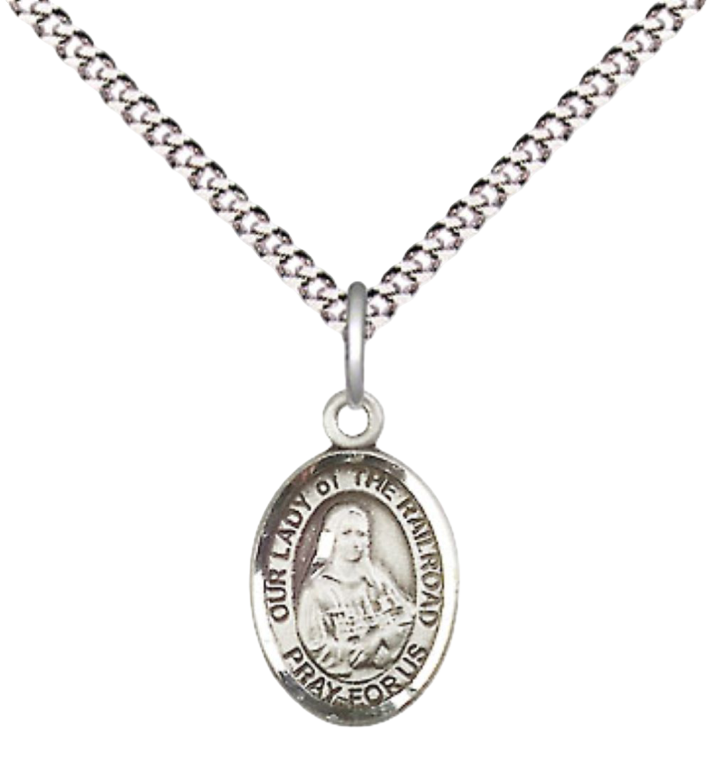 Small Sized Women's .925 Sterling Silver Our Lady of the Railroad Medal Pendant on 18 Inch Rhodium Plated Lite Curb Brass Chain w/ Lobster Claw Clasp, Catholic Religious Necklace - Made in USA- Velvet Gift Box