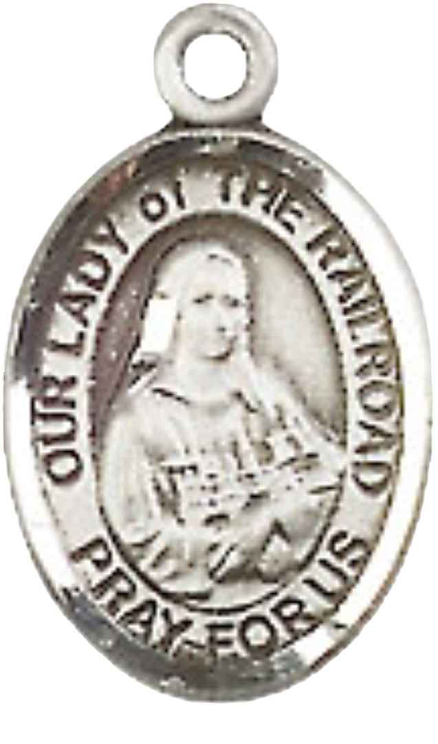 Small Sized Men's .925 Sterling Silver Our Lady of the Railroad Medal Pendant on 24 Inch Endless Rhodium Plated Heavy Curb Brass Chain, Catholic Religious Necklace - Made in USA- Deluxe Velvet Gift Box