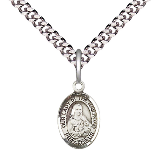 Small Sized Men's Pewter Our Lady of the Railroad Medal Pendant on 24 Inch Endless Rhodium Plated Heavy Curb Brass Chain, Catholic Religious Necklace -Made in USA- Deluxe Velvet Gift Box