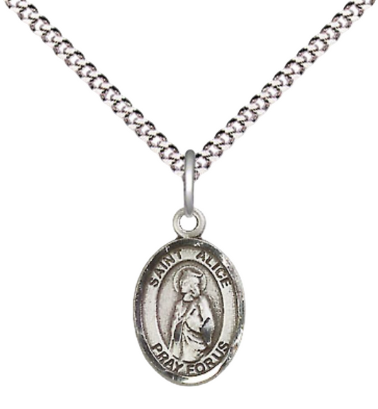 Small Sized Women's Pewter Saint St. Alice Medal Pendant on 18 Inch Rhodium Plated Lite Curb Brass Chain with Lobster Claw Clasp, Catholic Religious Necklace - Made in USA- Velvet Gift Box