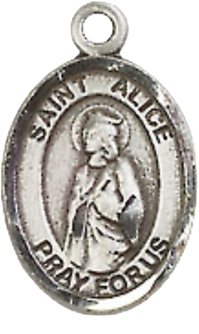 Small Sized Women's Pewter Saint St. Alice Medal Pendant on 18 Inch Rhodium Plated Lite Curb Brass Chain with Lobster Claw Clasp, Catholic Religious Necklace - Made in USA- Velvet Gift Box